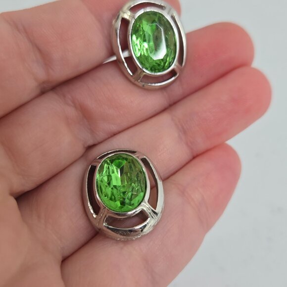 Swank Green Rhinestone Cufflinks Silver Tone Mens Oval Crystal Vintage - Picture 3 of 7
